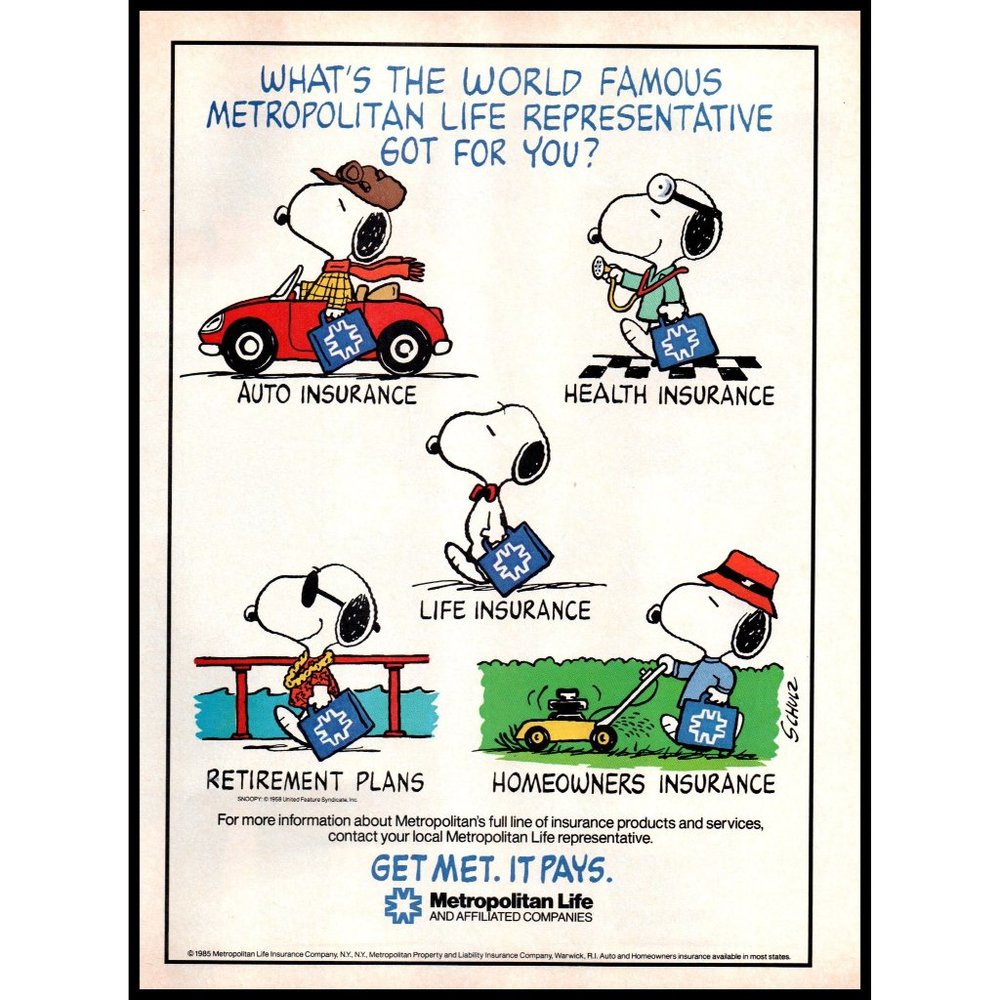 1985 Metropolitan Life Insurance Vintage Print Ad Get Met Snoopy Cartoon Art